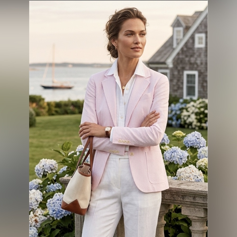 Ralph Lauren Women's‎ Menswear Blazer Pink White Seersucker Stripe Size Small